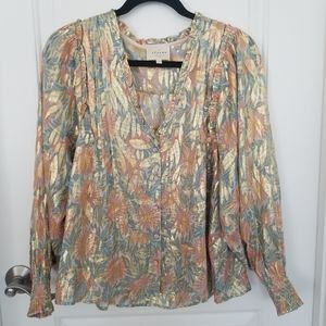 Sezane Metallic Floral Button-Up Blouse in Gold, Pink, Blue